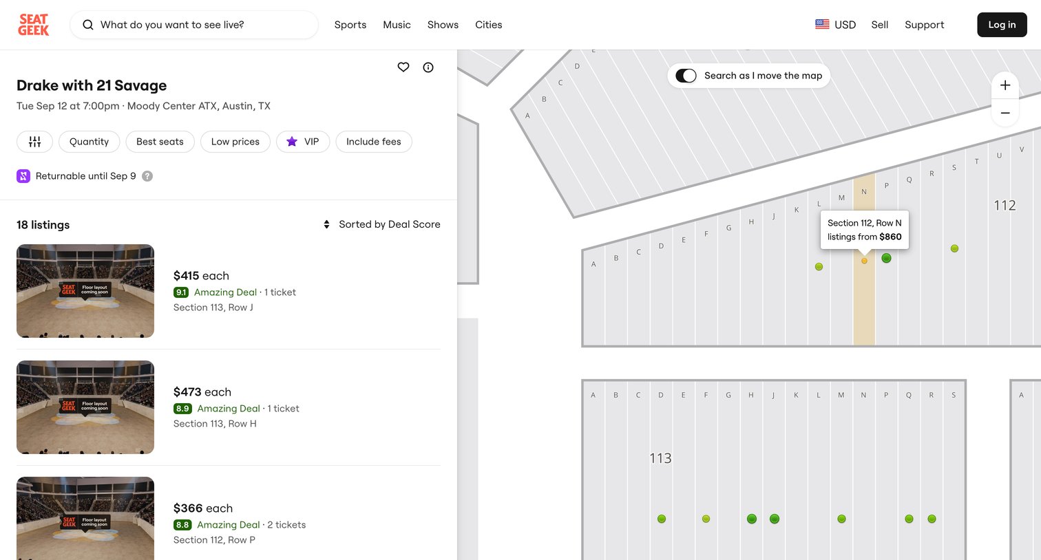 SeatGeek - Drake Tickets Austin Moody Center ATX - Sep 12, 2023 at 700pm | Se screen