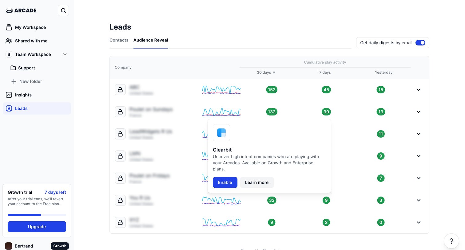 Arcade - Leads screen
