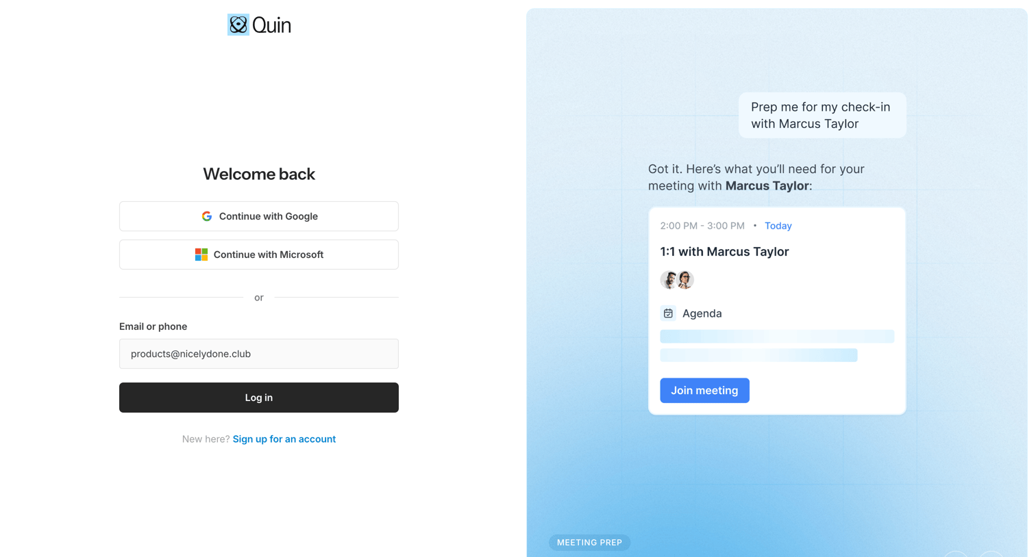Quin - Quin — Login to connect with your network | Quin screen