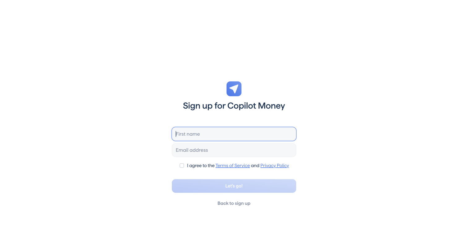 Copilot - Copilot Money | Sign up screen