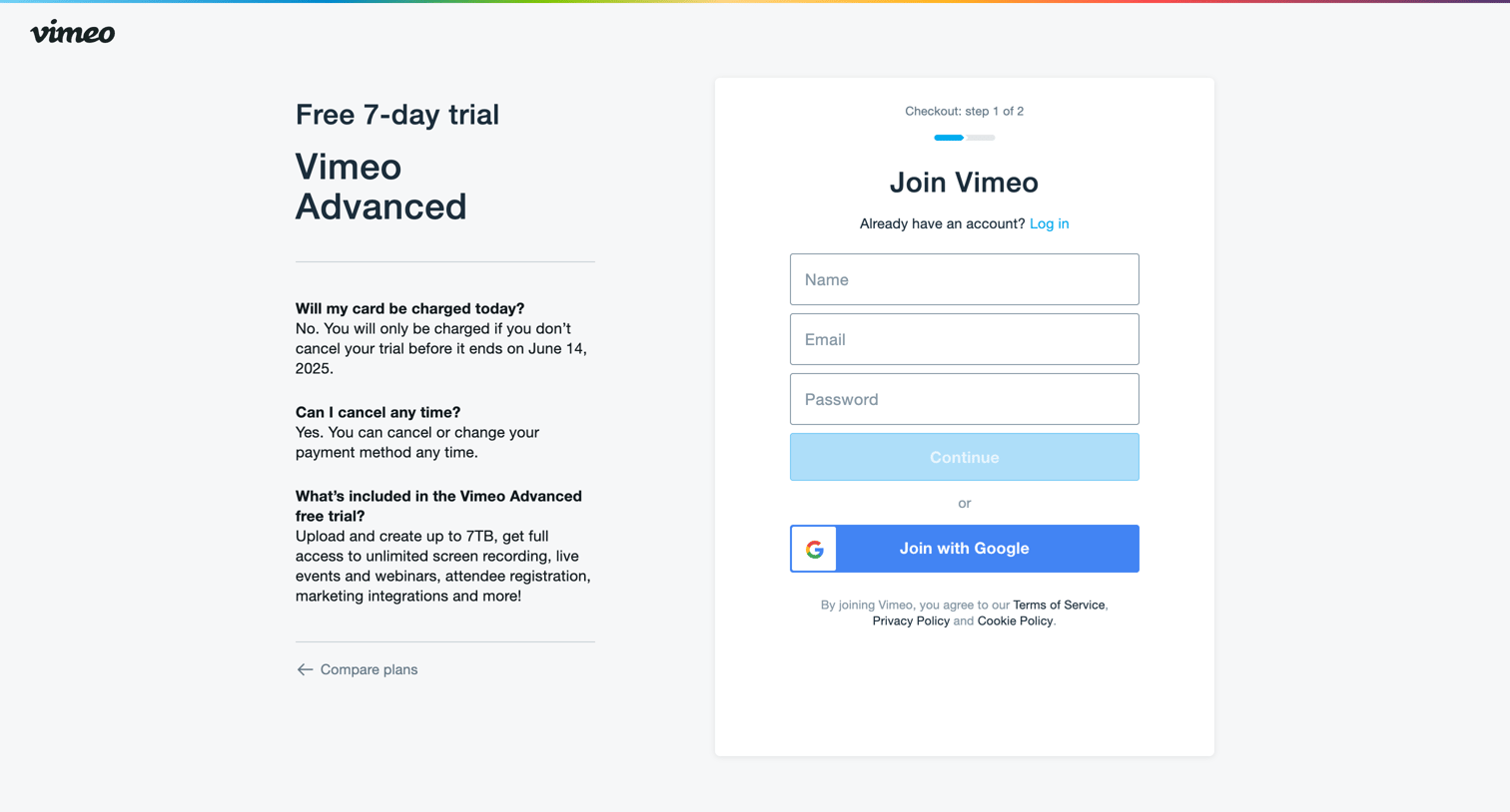 Vimeo - Checkout on Vimeo screen