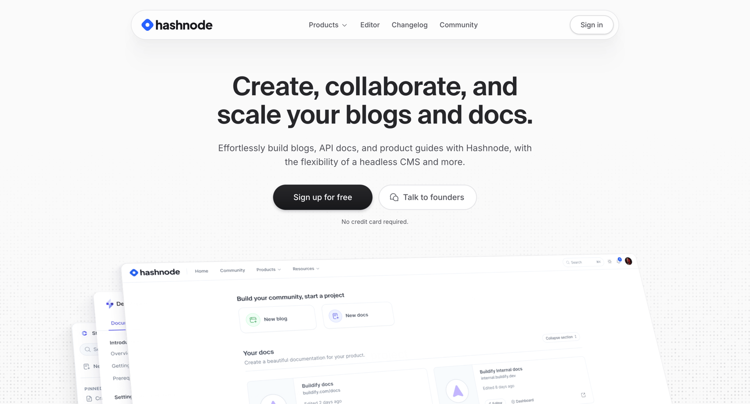Hashnode - Hashnode — Build blogs and API docs for developers and teams. screen