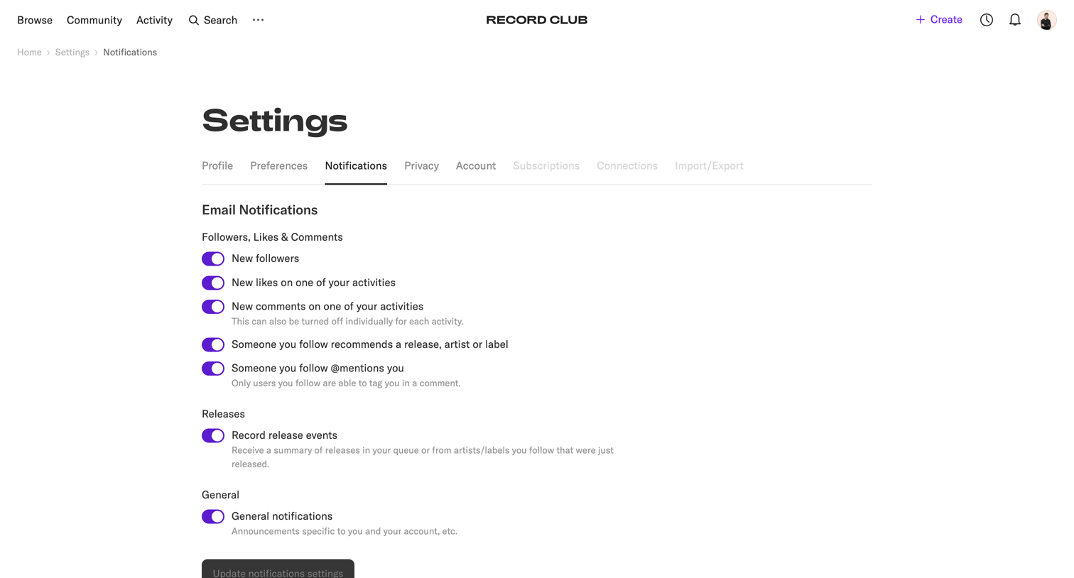 Record club - Settings – Record Club screen