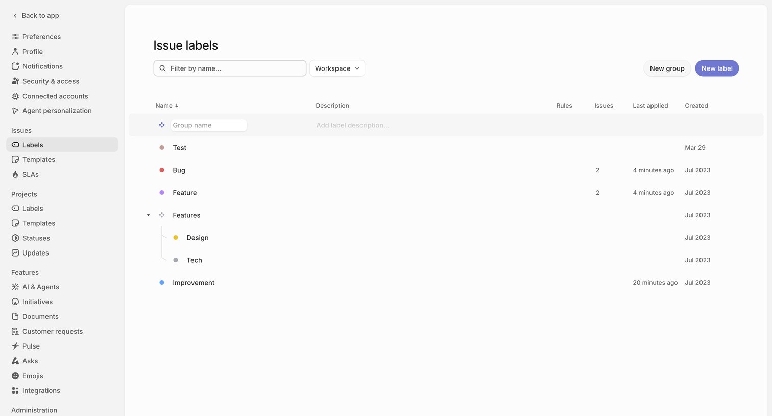 Linear - Issue labels screen