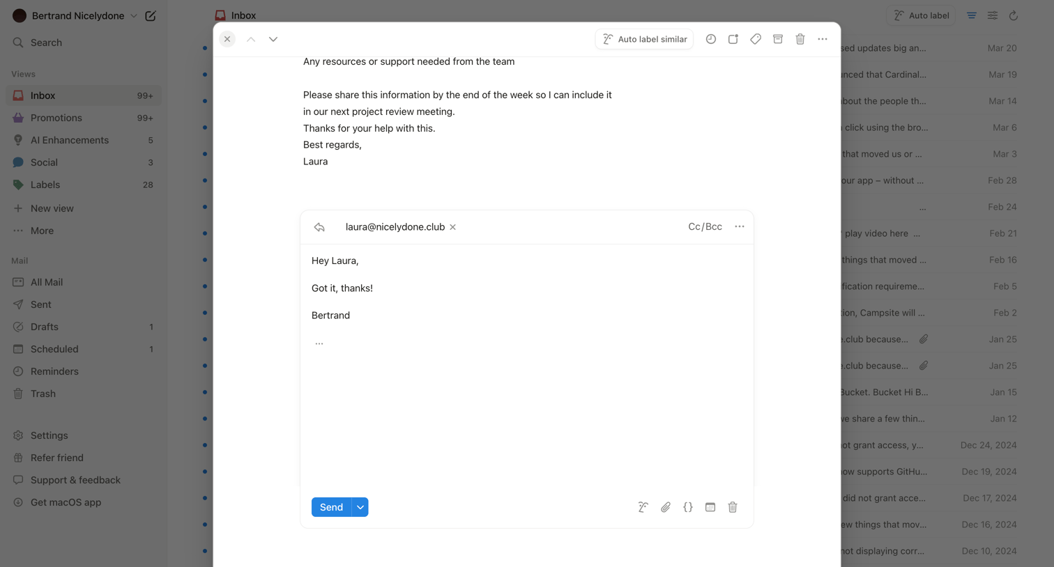 Notion Mail - 99+ • Inbox • nicelydoneproducts@gmail.com • Notion Mail screen