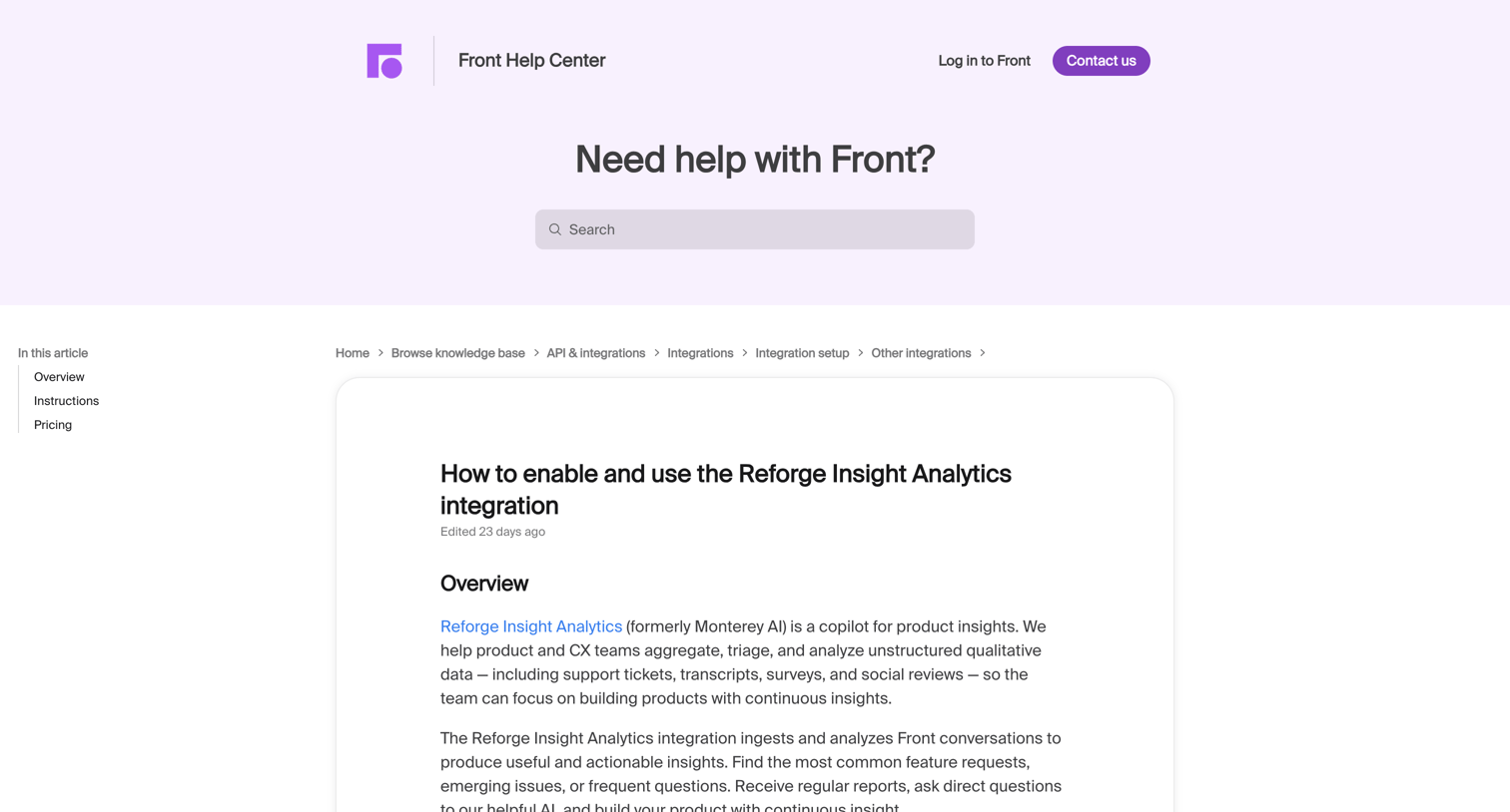 Front - How to enable and use the Reforge Insight Analytics integration screen