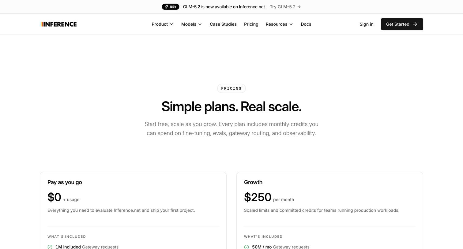 Inference - Pricing | Inference.net screen