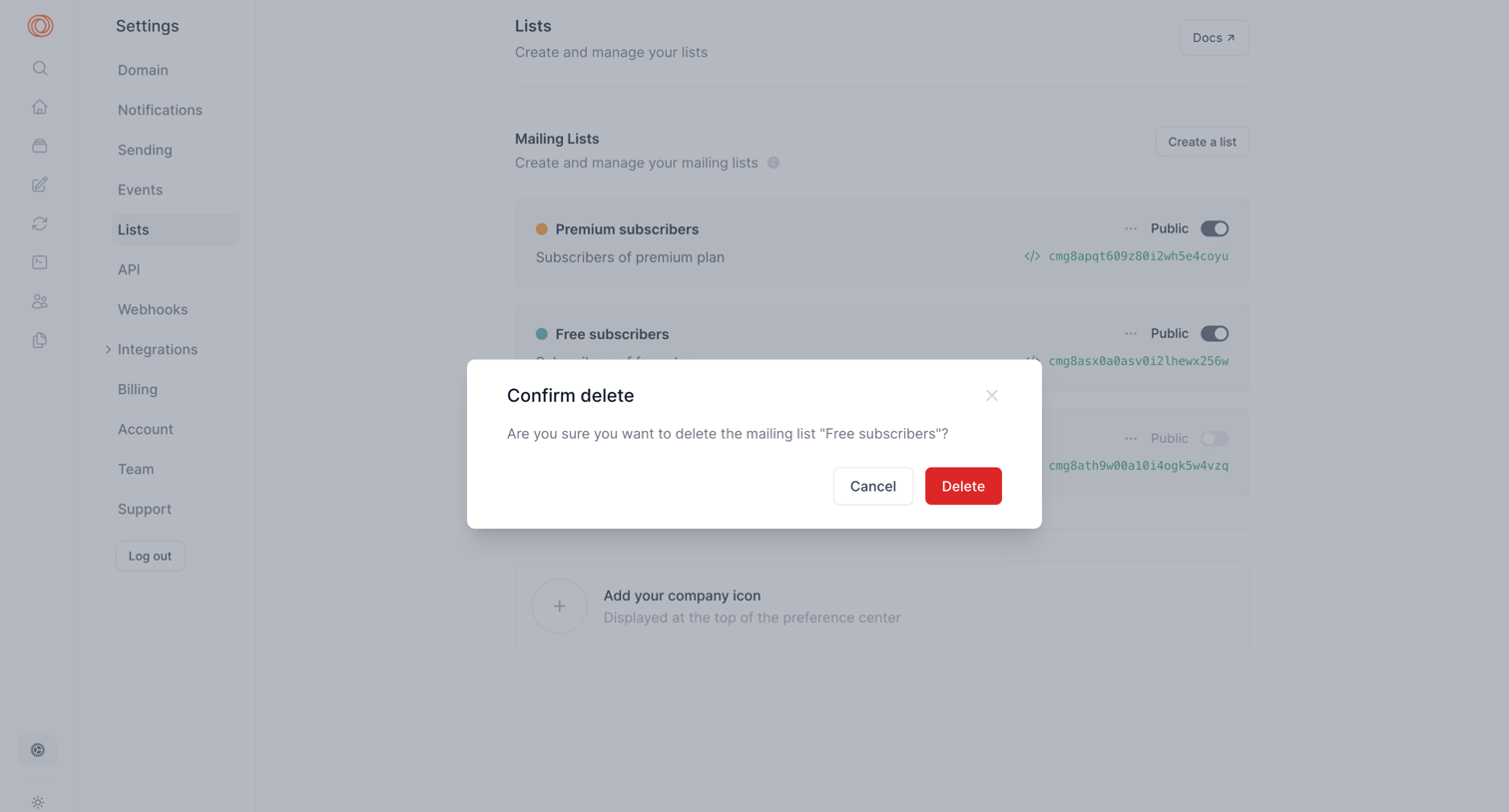 Loops - Settings | Lists screen