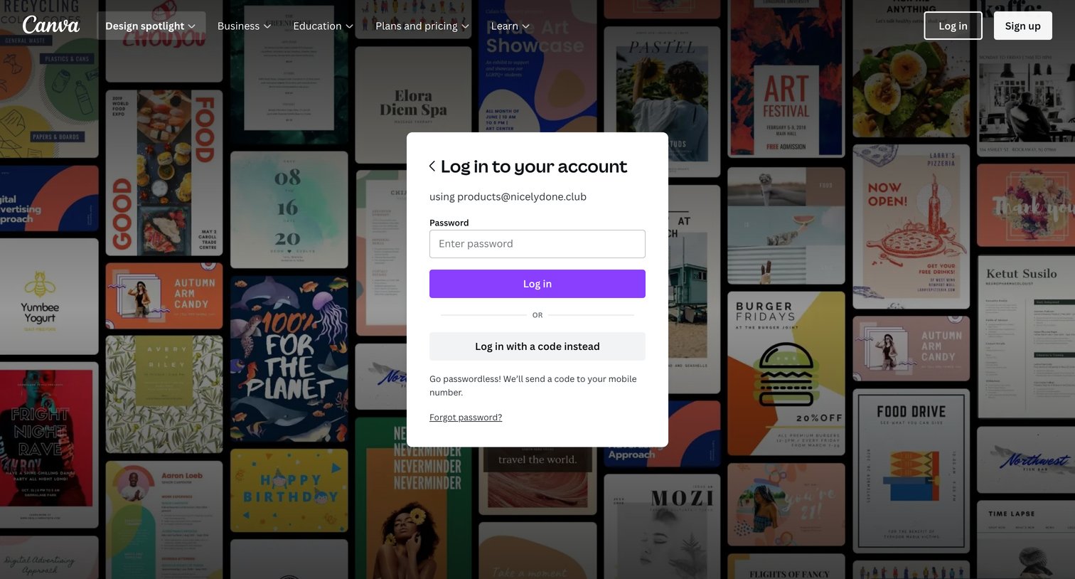 Canva - Login to your Canva account screen