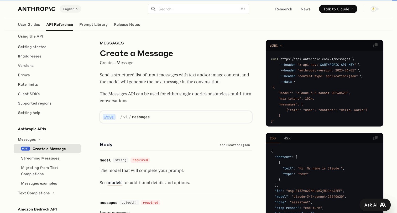 Anthropic - Create a Message - Anthropic screen