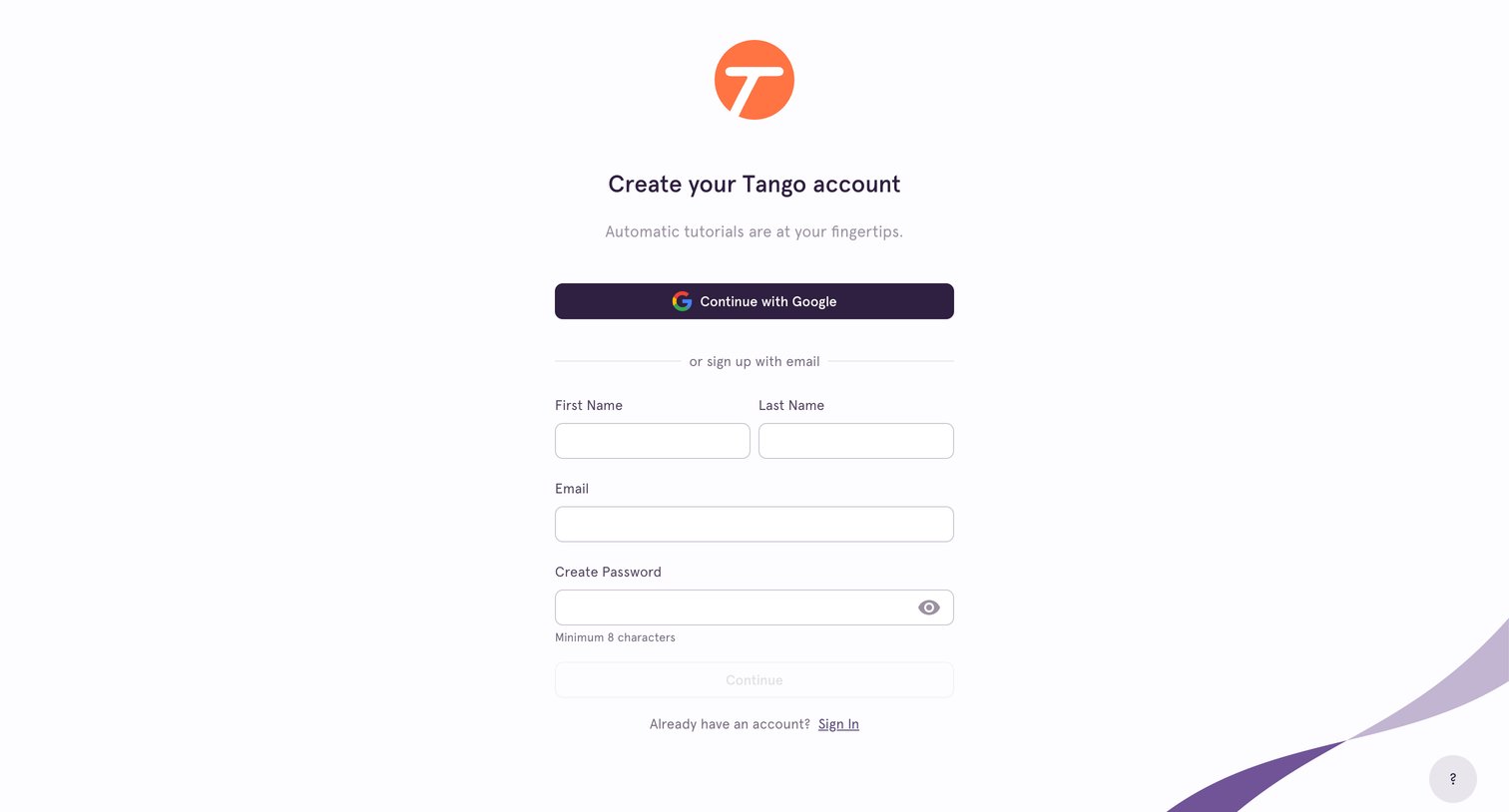Tango - Sign Up screen