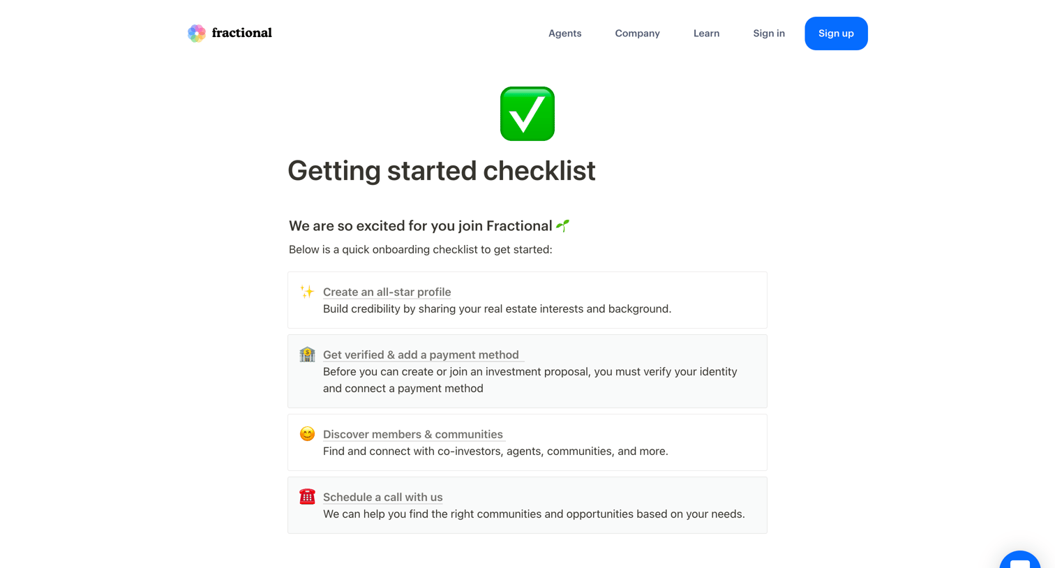 Fractional - Getting started checklist screen