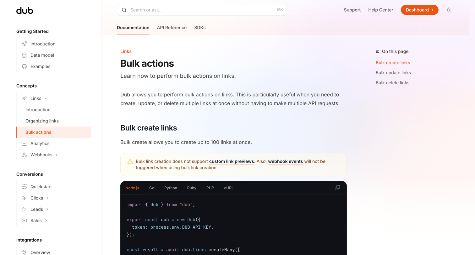 Dub - Bulk actions - Dub.co Docs screen