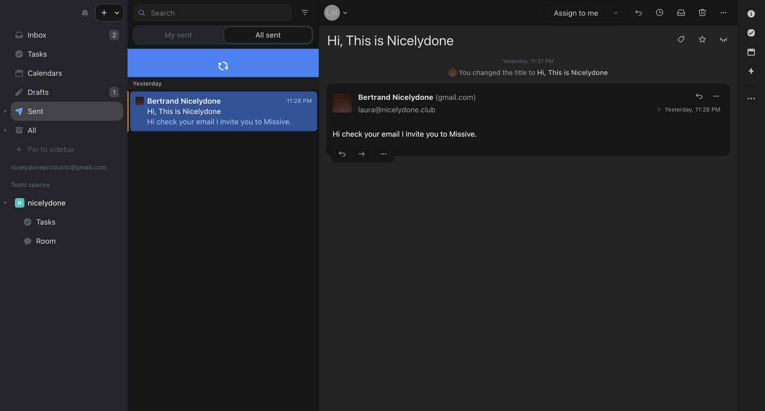 Missive - (10) Hi, This is Nicelydone - Sent screen