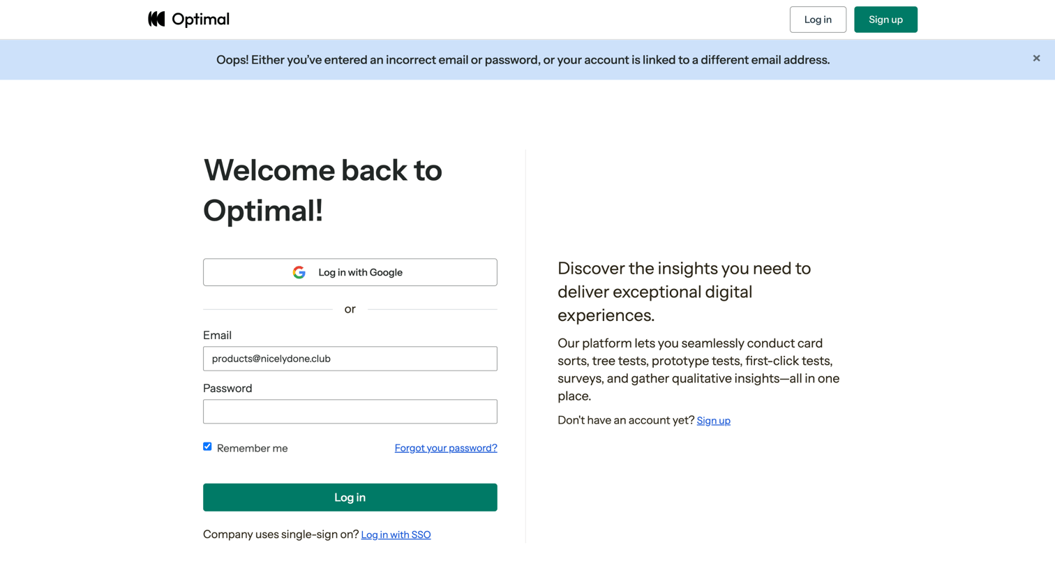 Optimal - Log In | Optimal Workshop screen