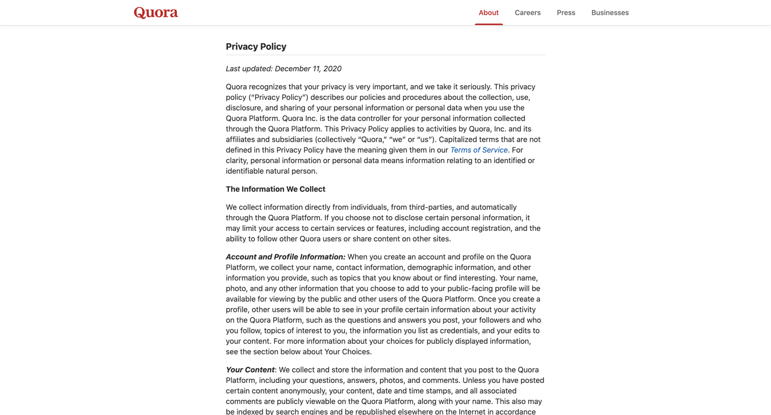 Quora - Privacy Policy - Quora screen