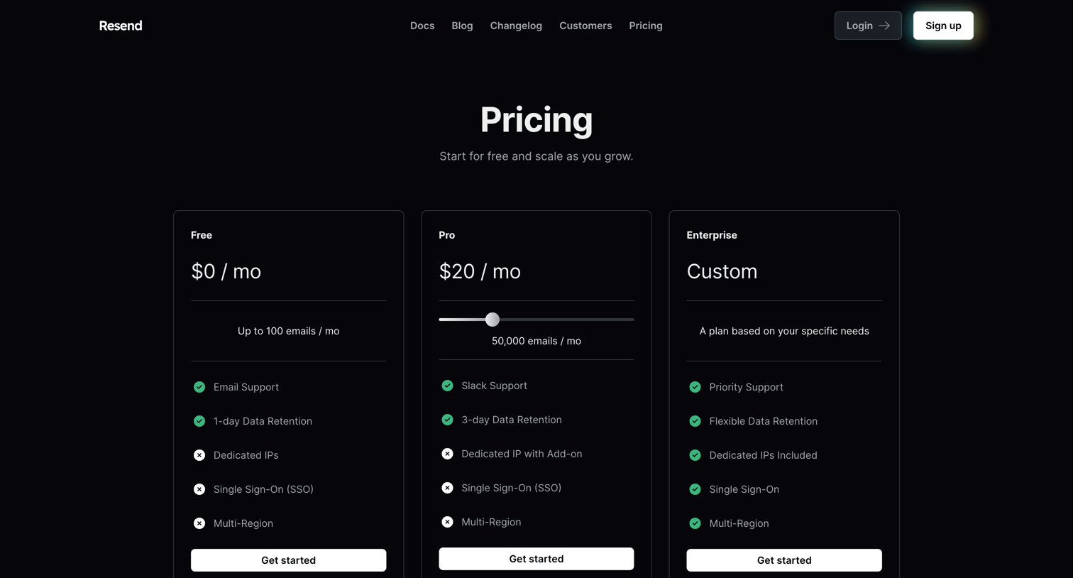 Resend - Pricing · Resend screen