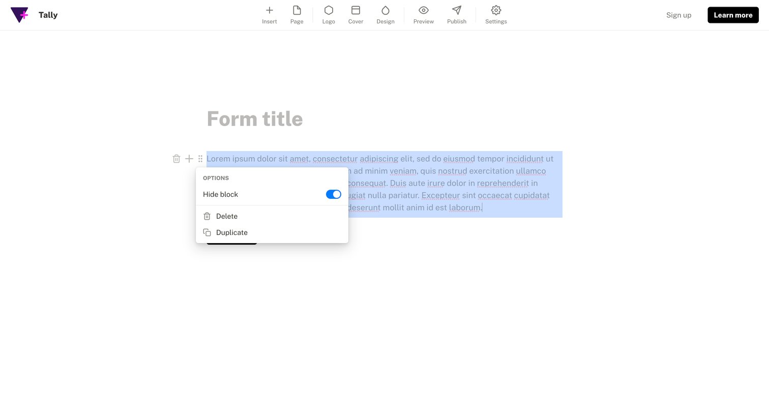 Tally - Create form - Tally screen