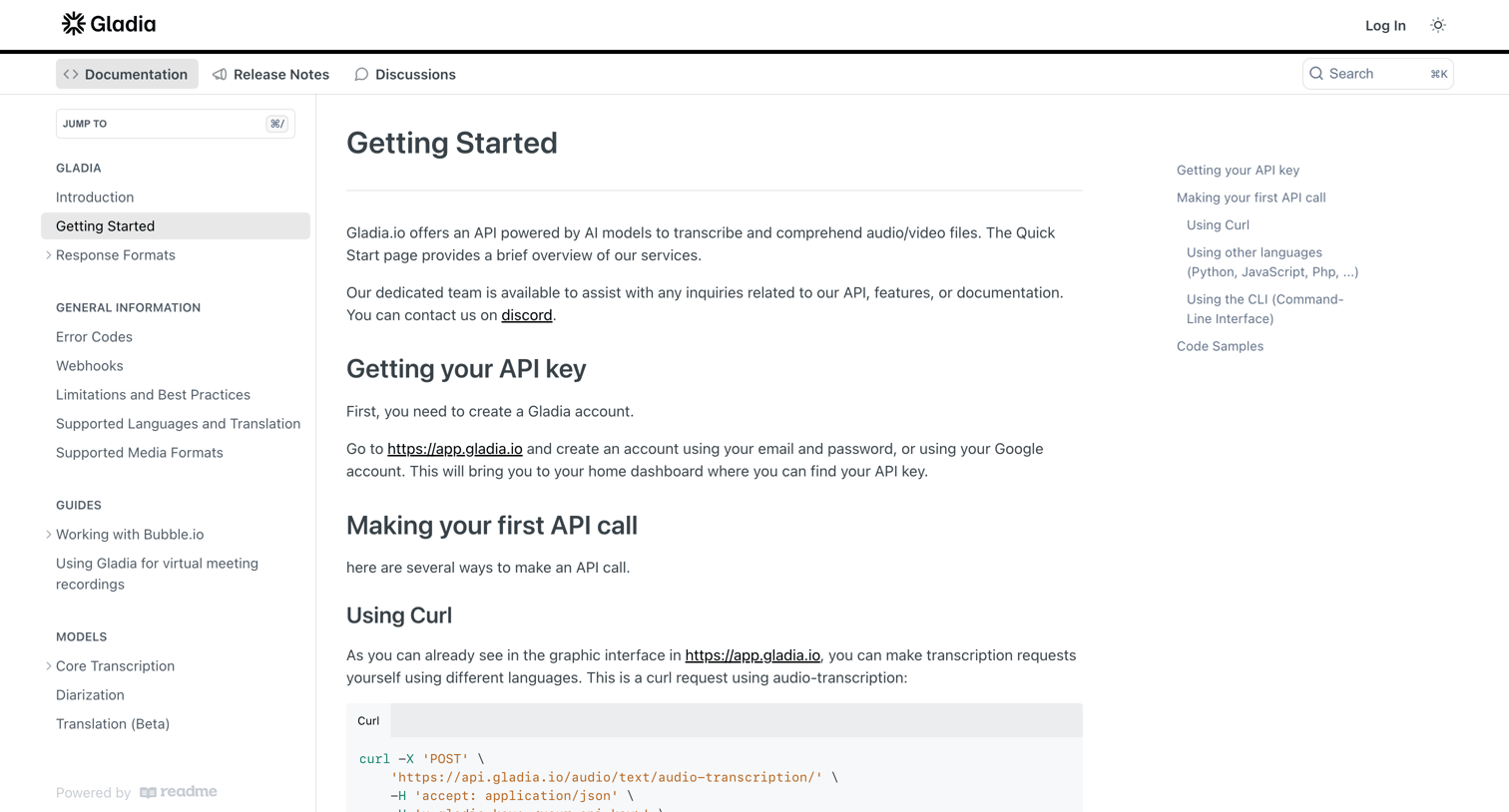 Gladia - Getting Started screen