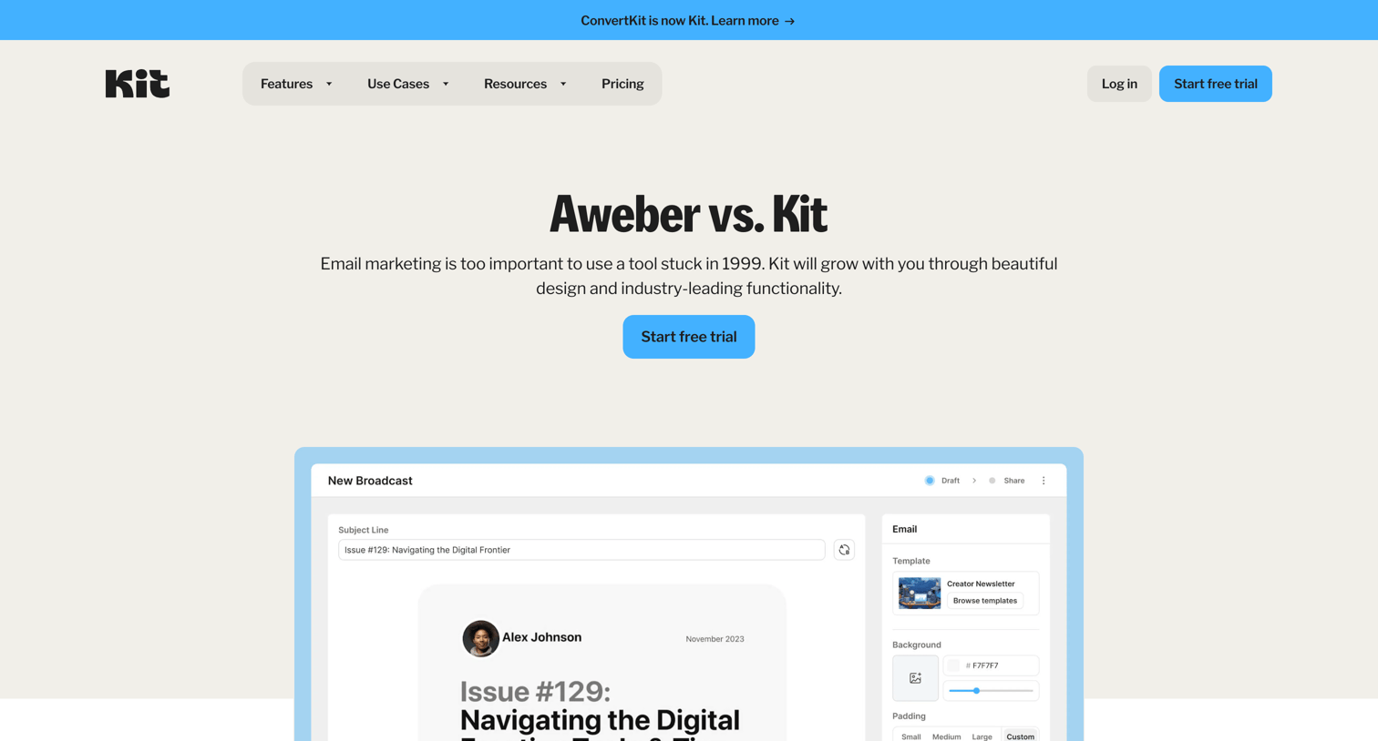Kit - Aweber vs Kit Powerful automations made easy screen