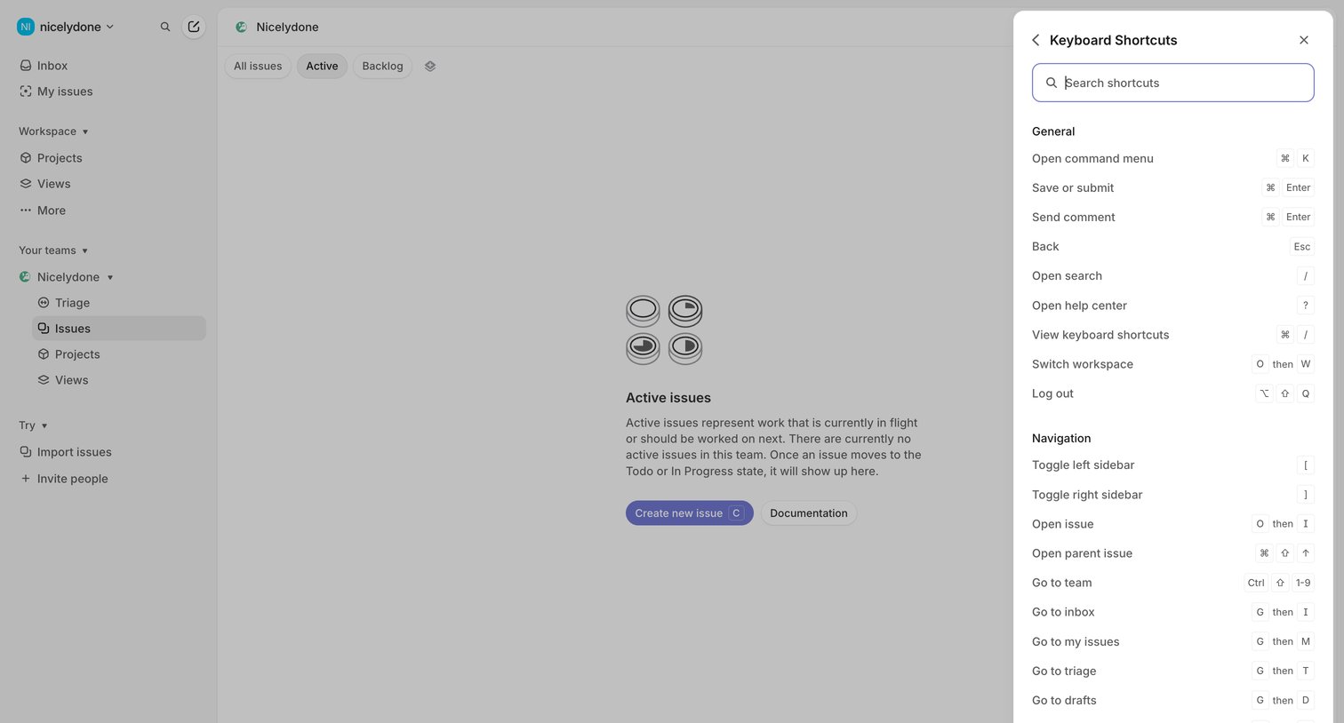 Linear - Nicelydone › Active issues screen
