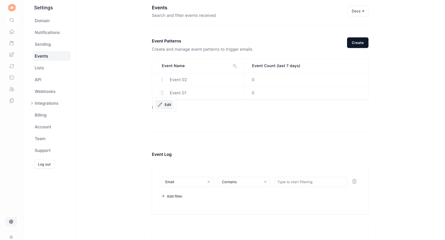 Loops - Settings | Events screen