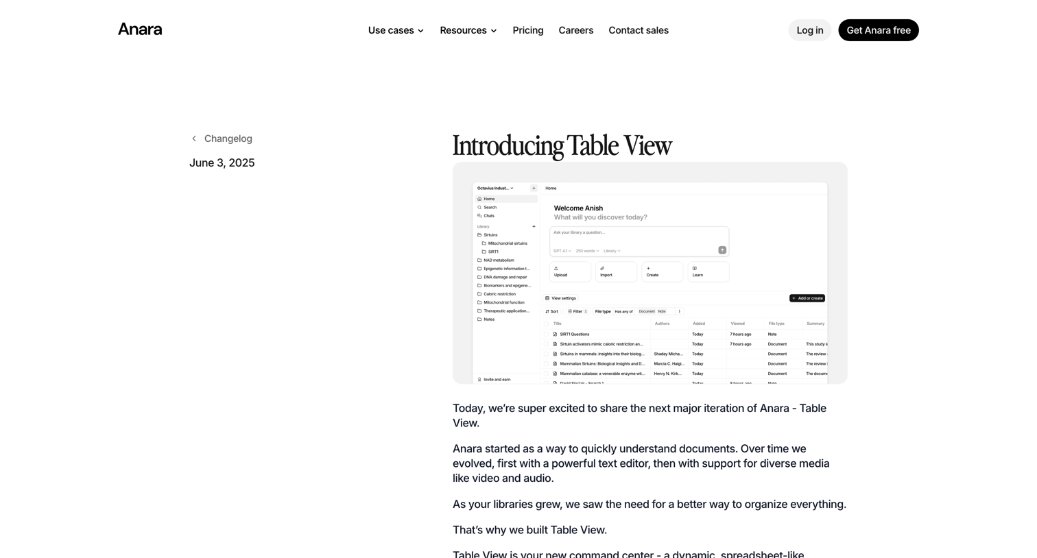 Anara - Introducing Table View  Anara Changelog screen