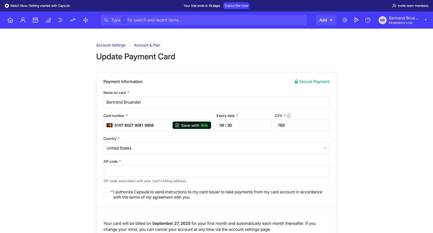 Capsule - Update Payment Card | Nicelydone club CRM screen