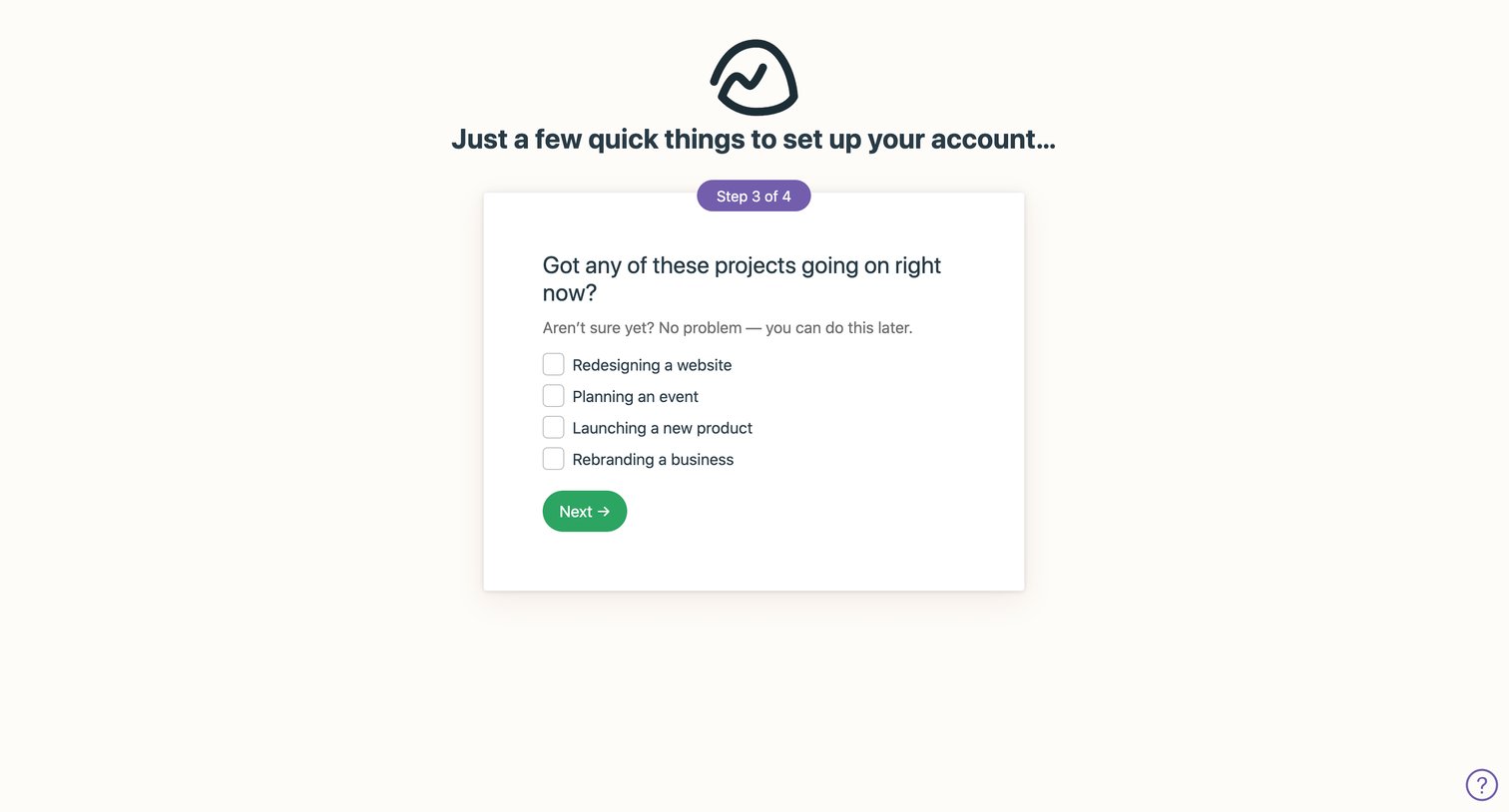 Basecamp - Just a few quick things to set up your account… screen