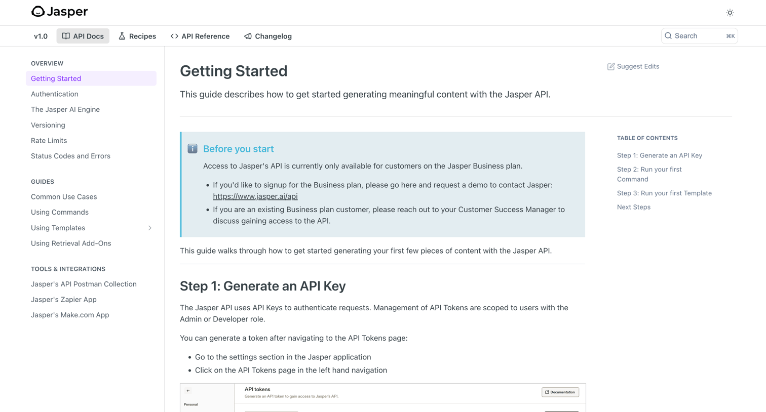 Jasper - Getting Started screen