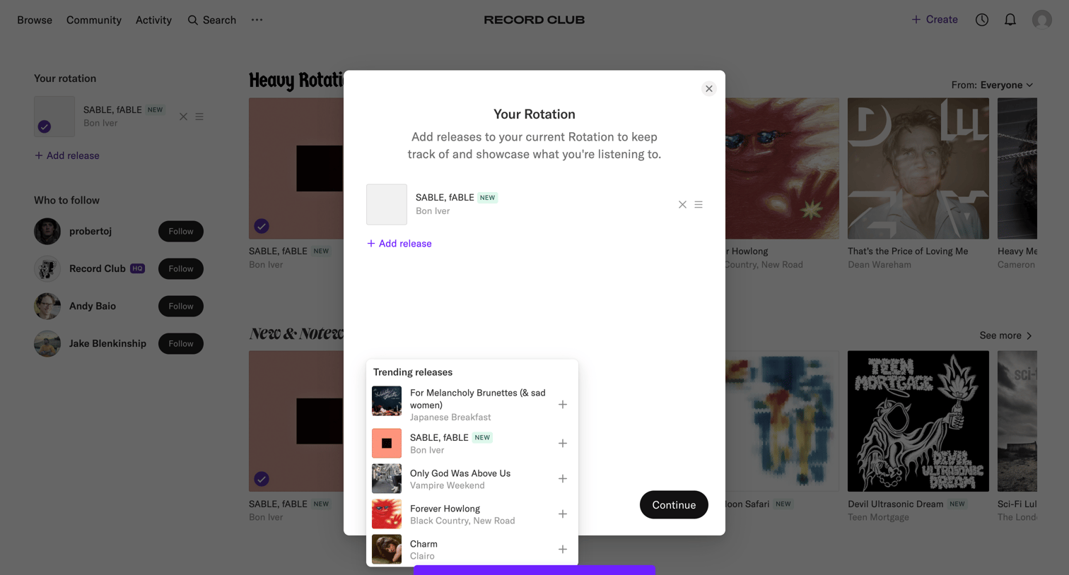 Record club - Record Club screen