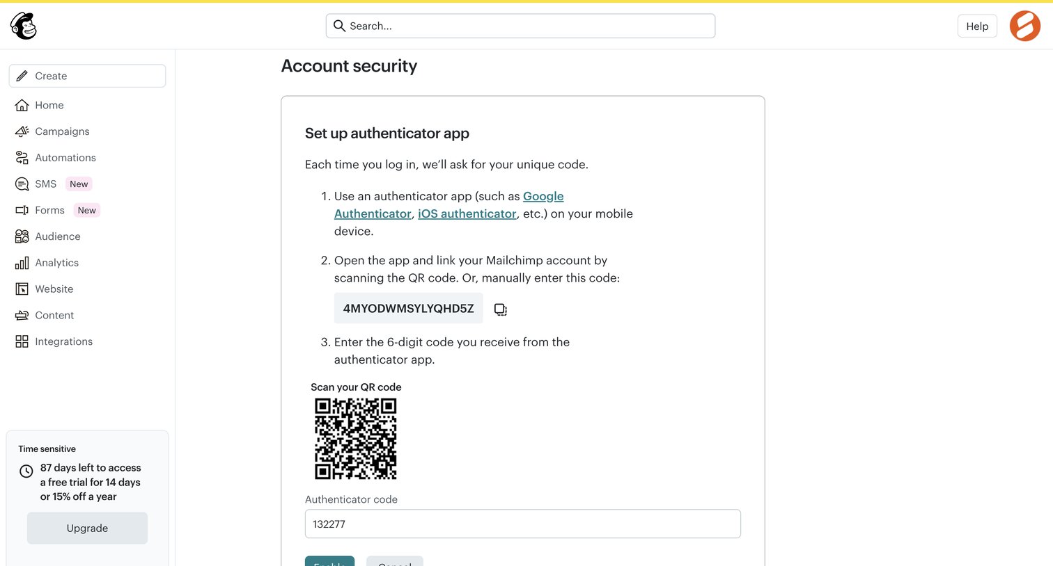 Mailchimp - Account Security | Mailchimp screen