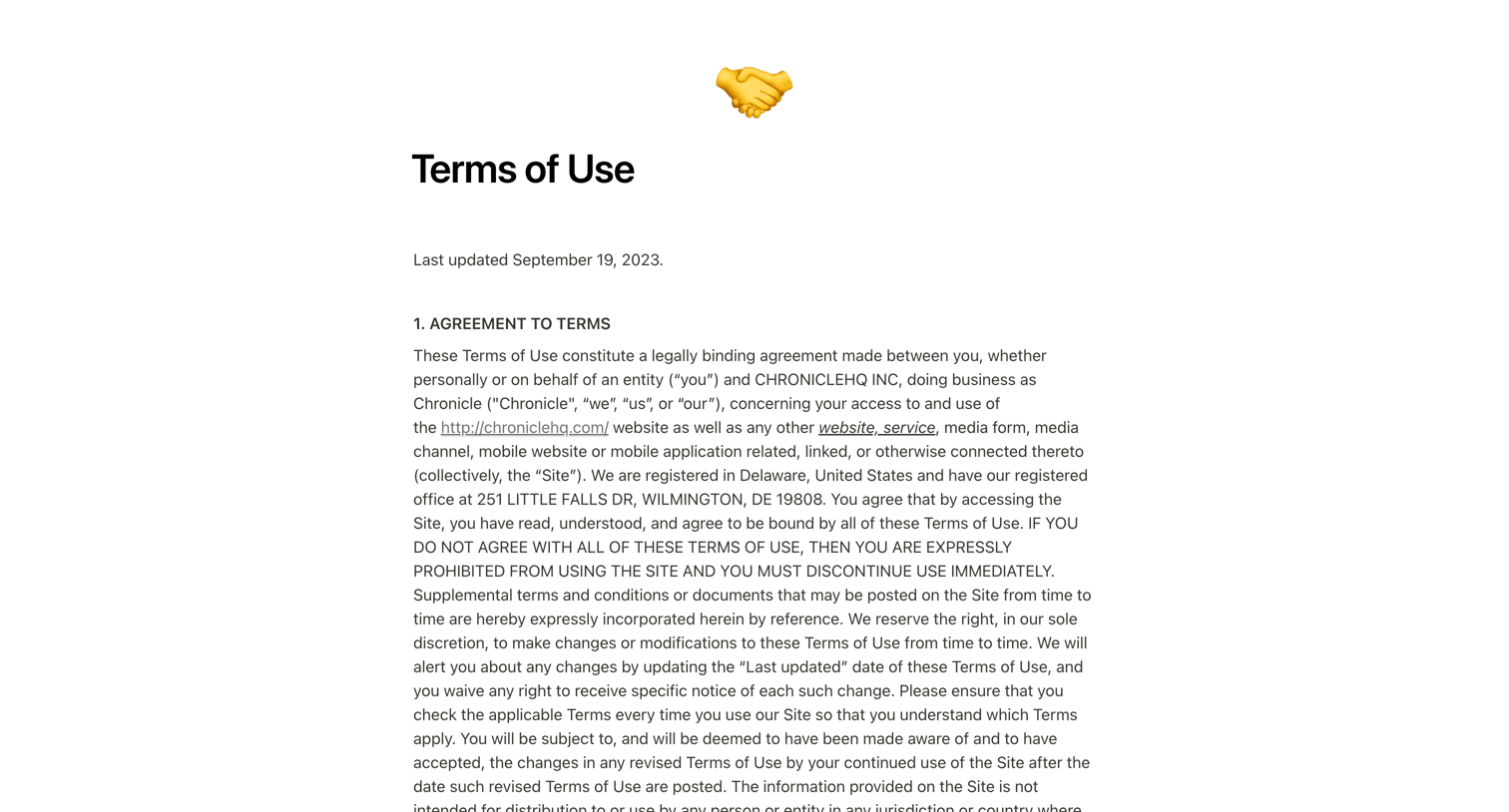 Chronicle - Terms of Use screen