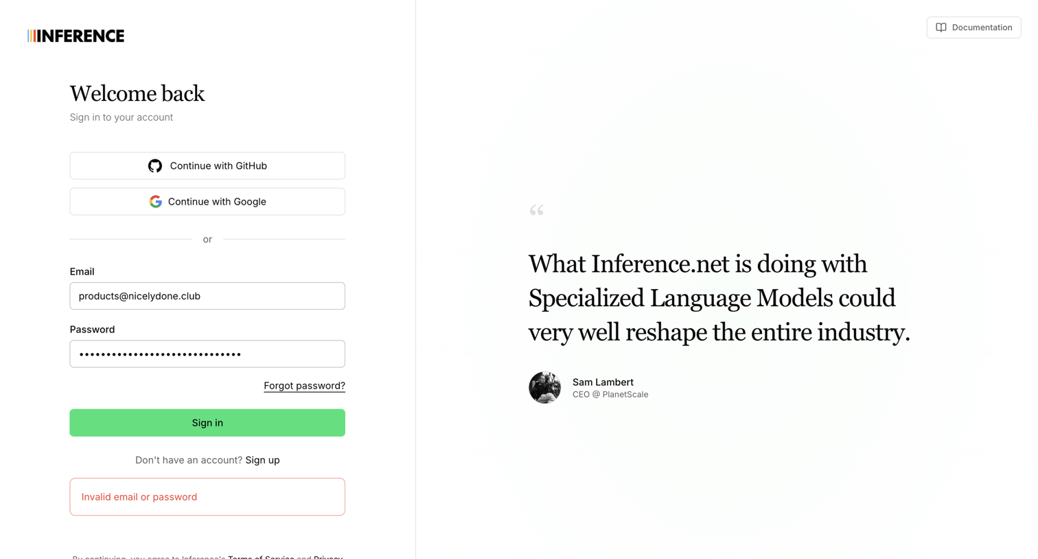 Inference - Sign In | Inference.net screen