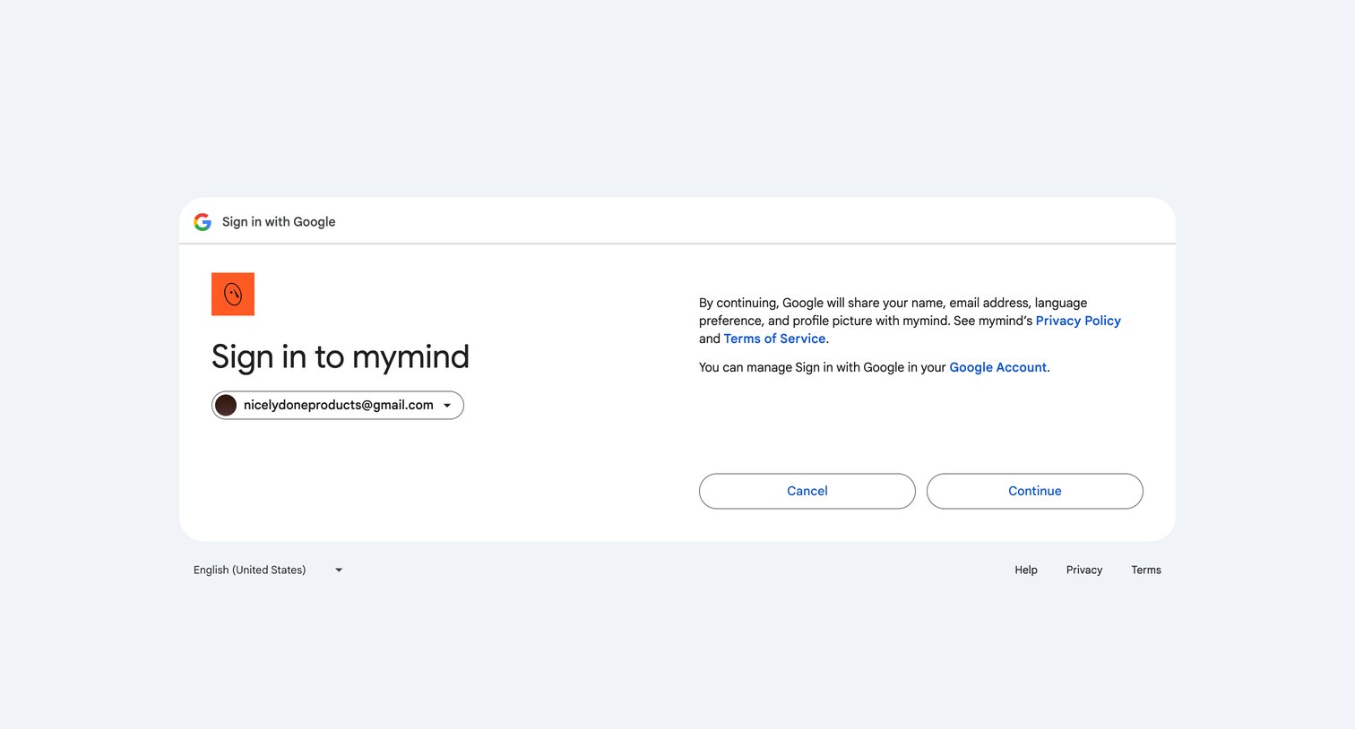 Mymind - Sign in - Google Accounts screen