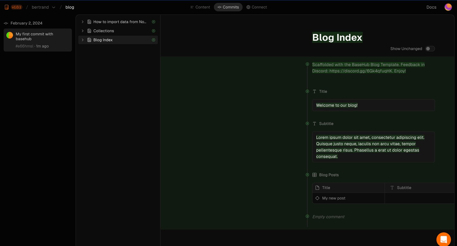 Basehub - Commits • bertrandblog — BaseHub screen