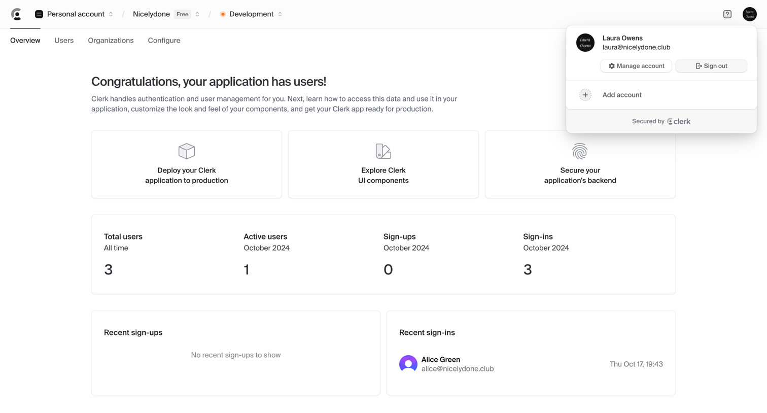Clerk - Dashboard | Clerk.com screen