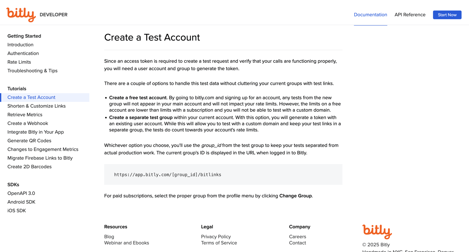 Bitly - Create a Test Account | Bitly Developer screen