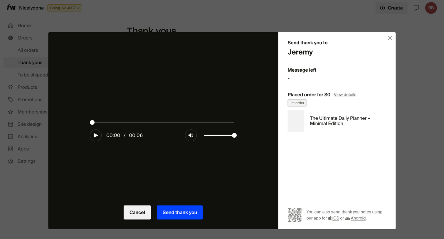 Fourthwall - Thank yous – Dashboard screen