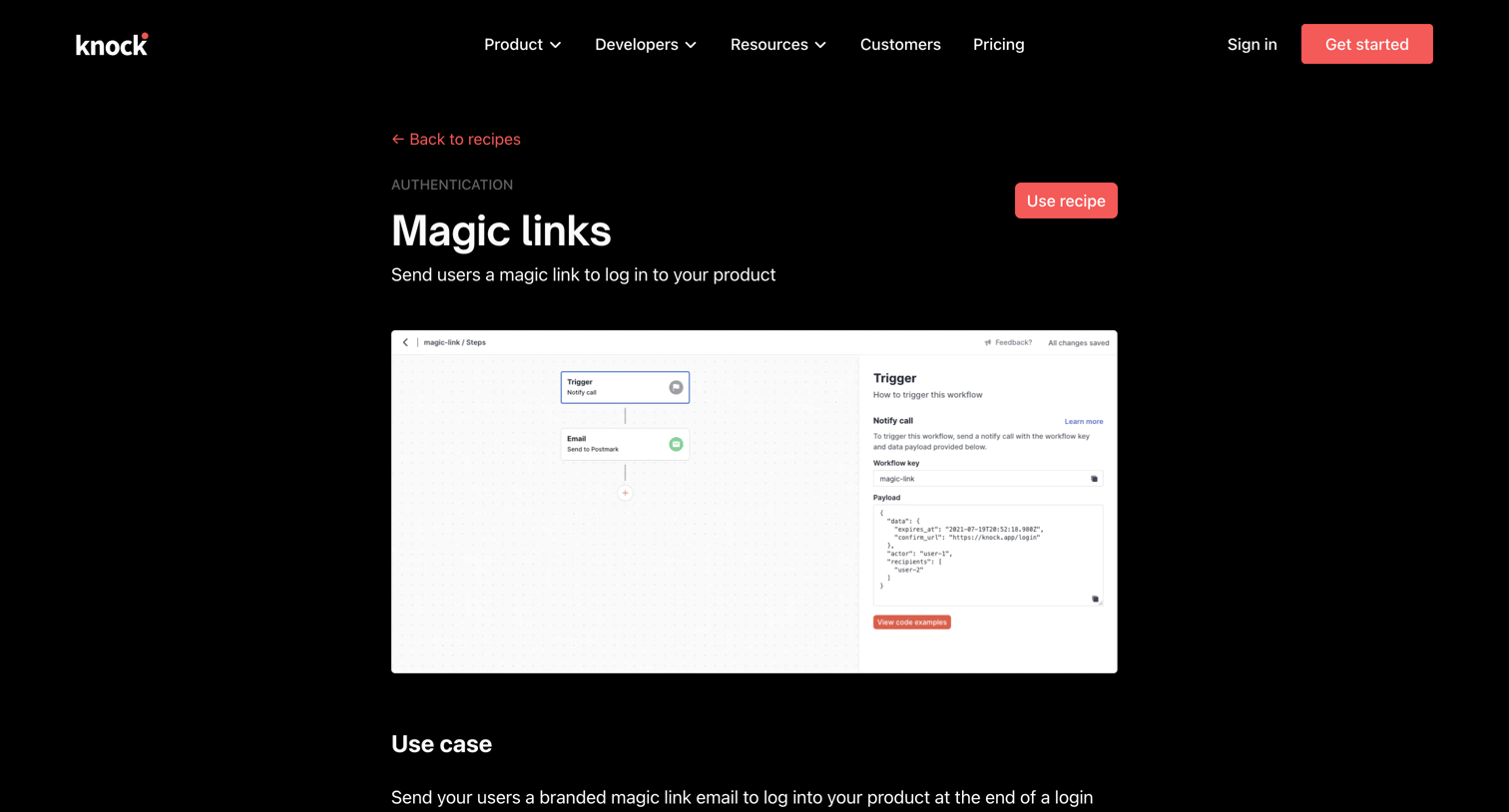 Knock - Magic links | Notification recipes Knock screen