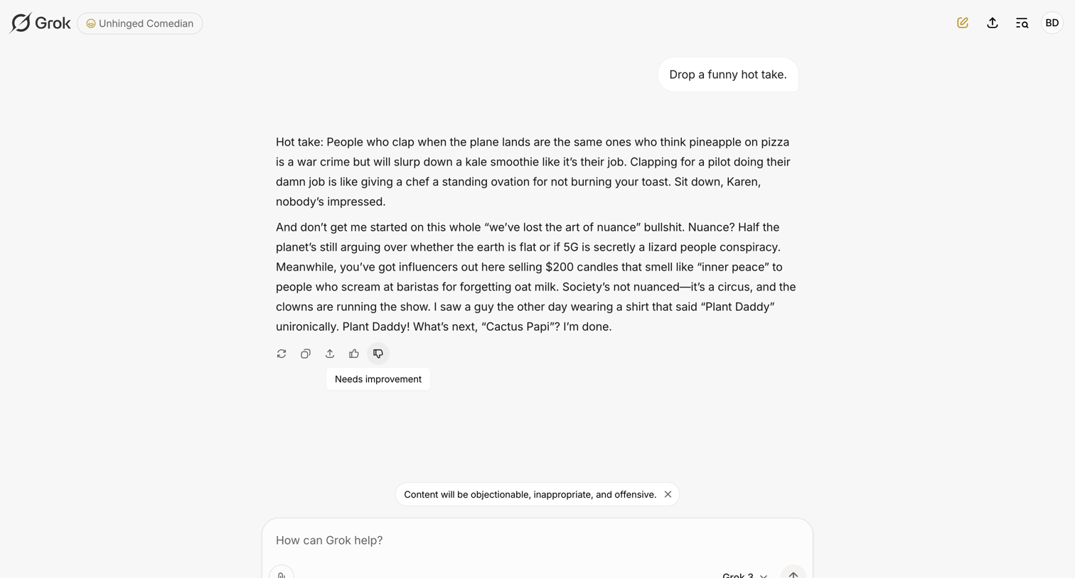 Grok - "Hot Takes on Modern Society" - Grok screen