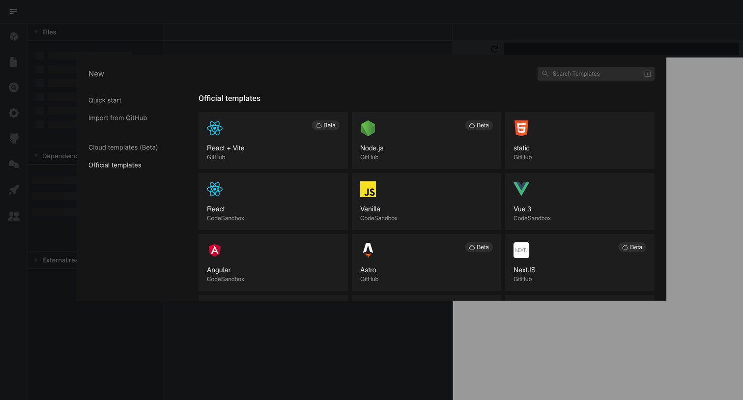 CodeSandbox - Create a new Sandbox - CodeSandbox screen
