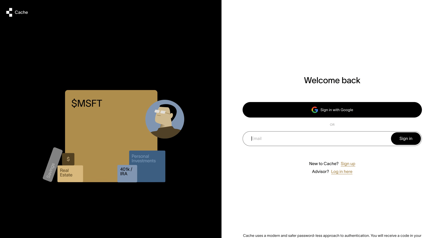 Cache - Cache – Log in screen