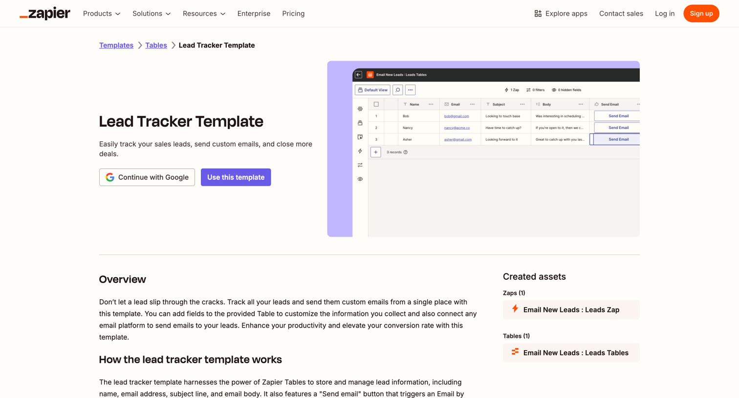 Zapier - Lead Tracker Template Zapier screen