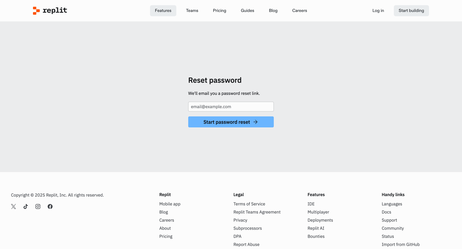 Replit - Forgot Password - Replit screen
