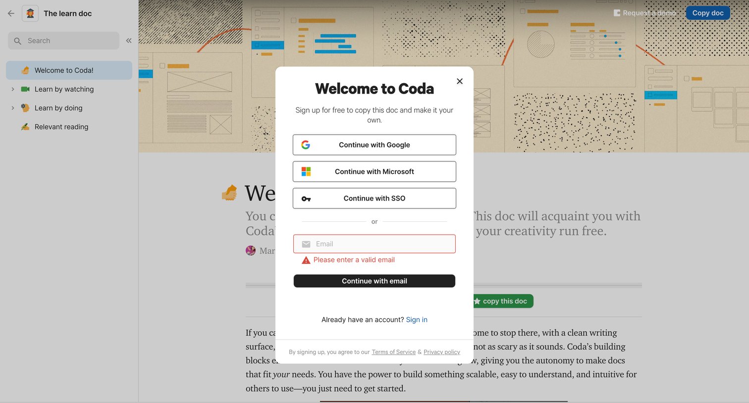Coda - Learn Coda, the Coda learning doc, Coda tutorial - Coda screen