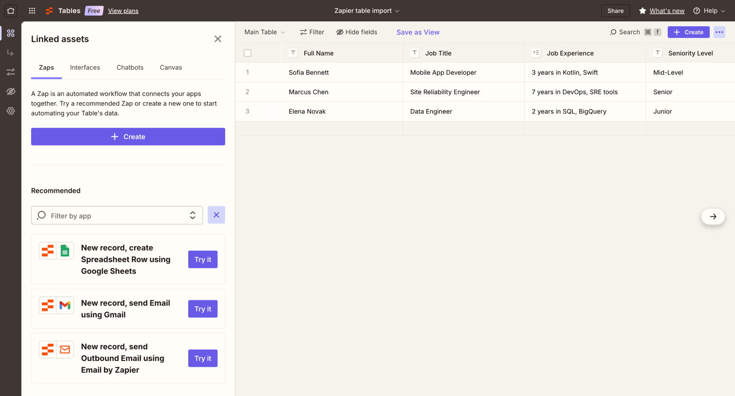 Zapier - Zapier table import | Zapier screen