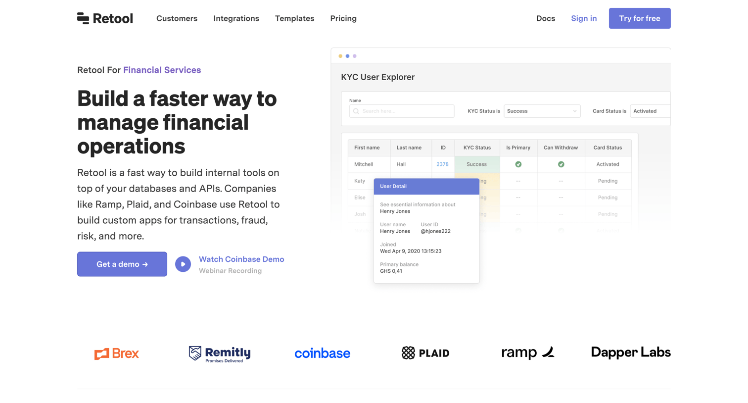 Retool - Retool for Financial Services screen
