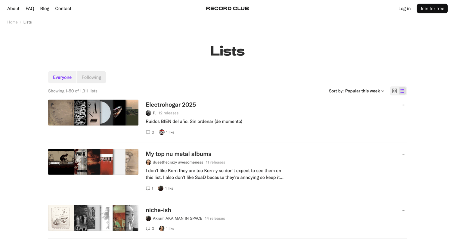 Record club - Lists – Record Club screen