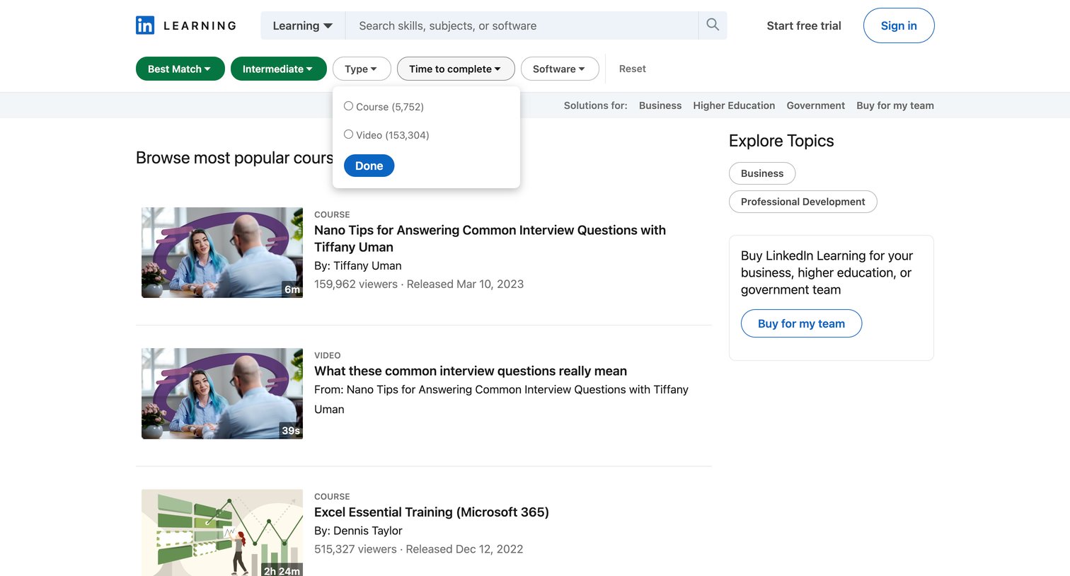 Linkedin - Online Courses, Training and Tutorials on LinkedIn Learning screen